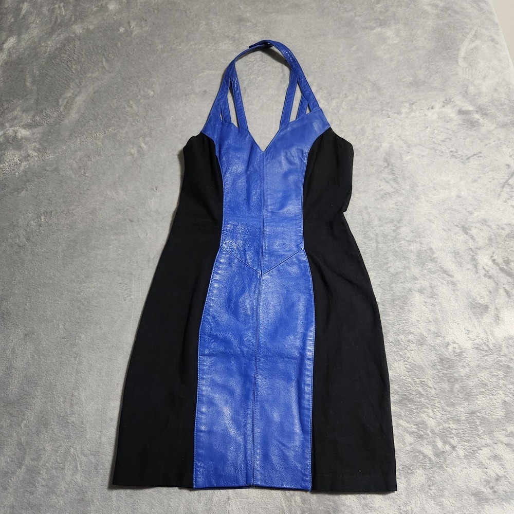 Wilson's Leather 90s Vintage Blue Black Leather Paneled Mini Bodycon Dress M